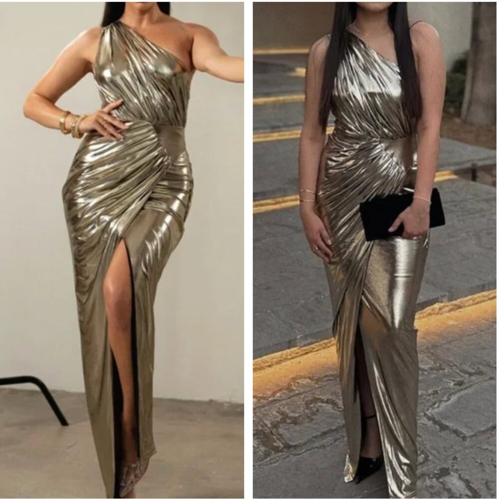 NEW JLUXLABEL Lavina Metallic Maxi Dress Gold Cocktail Party High Slit Small